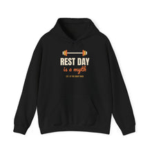 Load image into Gallery viewer, Rest Day Is a Myth Hoodie - Funny Gym Barbell Workout Sweatshirt