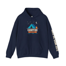 Load image into Gallery viewer, Campfire Crew Hoodie - Tent & Campfire Camping Sweatshirt with Sleep Under the Stars Sleeve Print