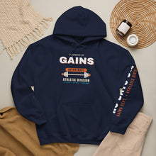 Load image into Gallery viewer, Gains Department Hoodie - Varsity Gym Sweatshirt with No Days Off Sleeve Print