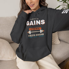 Load image into Gallery viewer, Gains Department Hoodie - Varsity Gym Sweatshirt with No Days Off Sleeve Print