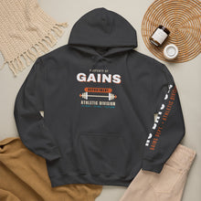 Load image into Gallery viewer, Gains Department Hoodie - Varsity Gym Sweatshirt with No Days Off Sleeve Print