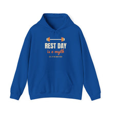 Load image into Gallery viewer, Rest Day Is a Myth Hoodie - Funny Gym Barbell Workout Sweatshirt