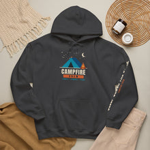 Load image into Gallery viewer, Campfire Crew Hoodie - Tent &amp; Campfire Camping Sweatshirt with Sleep Under the Stars Sleeve Print