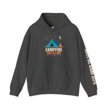 Load image into Gallery viewer, Campfire Crew Hoodie - Tent &amp; Campfire Camping Sweatshirt with Sleep Under the Stars Sleeve Print