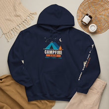 Load image into Gallery viewer, Campfire Crew Hoodie - Tent &amp; Campfire Camping Sweatshirt with Sleep Under the Stars Sleeve Print
