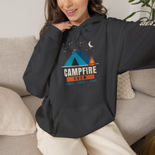 Load image into Gallery viewer, Campfire Crew Hoodie - Tent &amp; Campfire Camping Sweatshirt with Sleep Under the Stars Sleeve Print