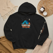 Load image into Gallery viewer, Campfire Crew Hoodie - Tent &amp; Campfire Camping Sweatshirt with Sleep Under the Stars Sleeve Print